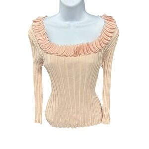 Prominence Women's‎ Pink Ribbed Knit Square Neck Ruffled Long Sleeve Sweater L